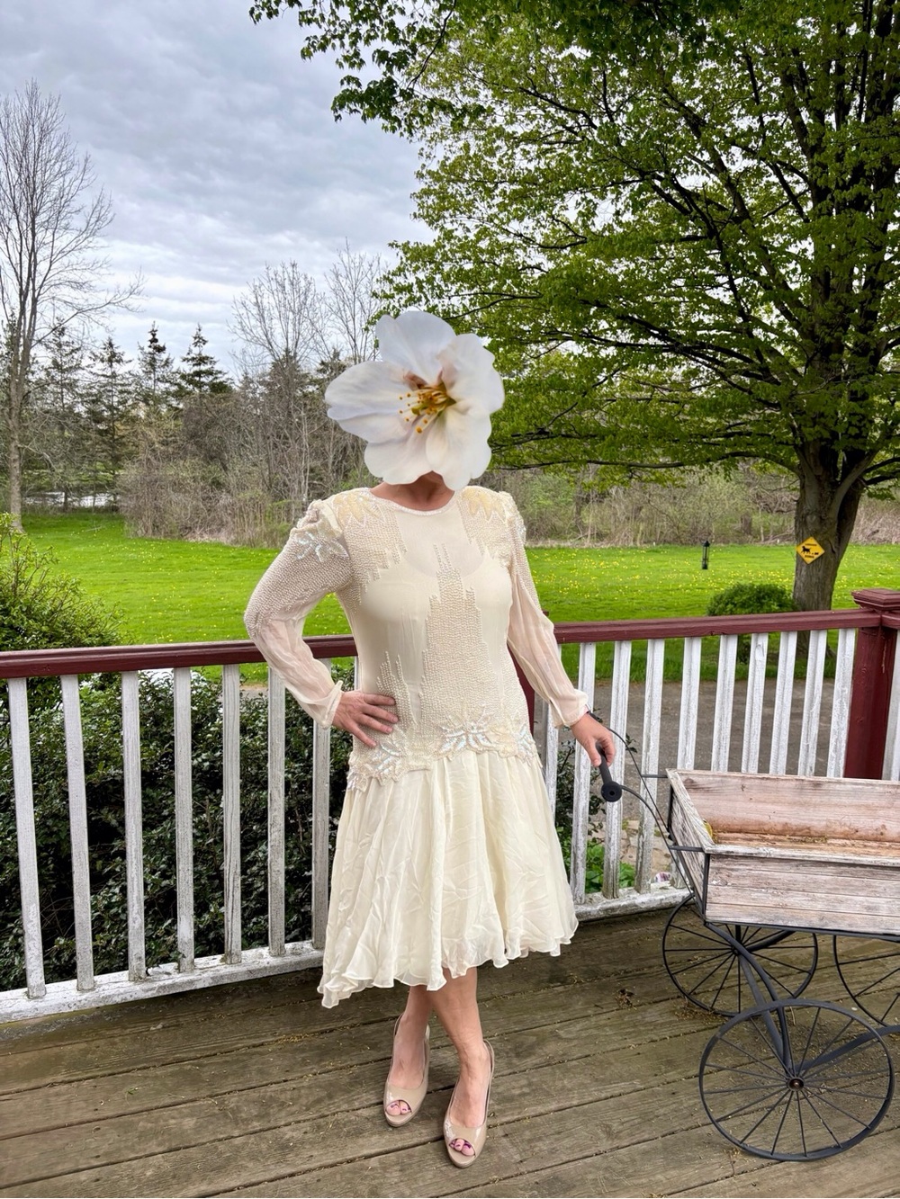 Vintage Twilight Connection cream colored, 100% silk & beaded dress, size 10
